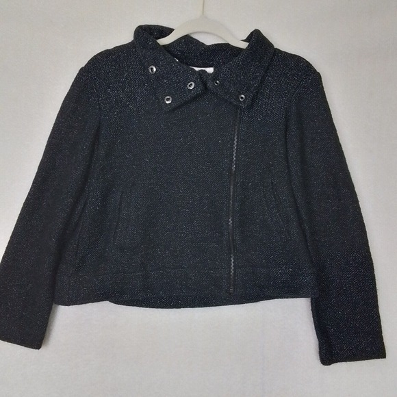 LOFT Casual Off Center Zip Knit Jacket Blazer Size Small Petite in Black, White - Picture 1 of 10